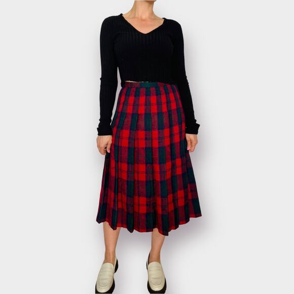 Vintage 80s Pendleton‎ Red Navy Green Wool Pleated Midi Skirt - Picture 1 of 6